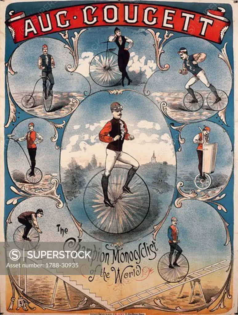 Posters, United States of America, 19th century. Auc Coucett the Champion Monocyclist of the world. Advertisment for the unicycle.