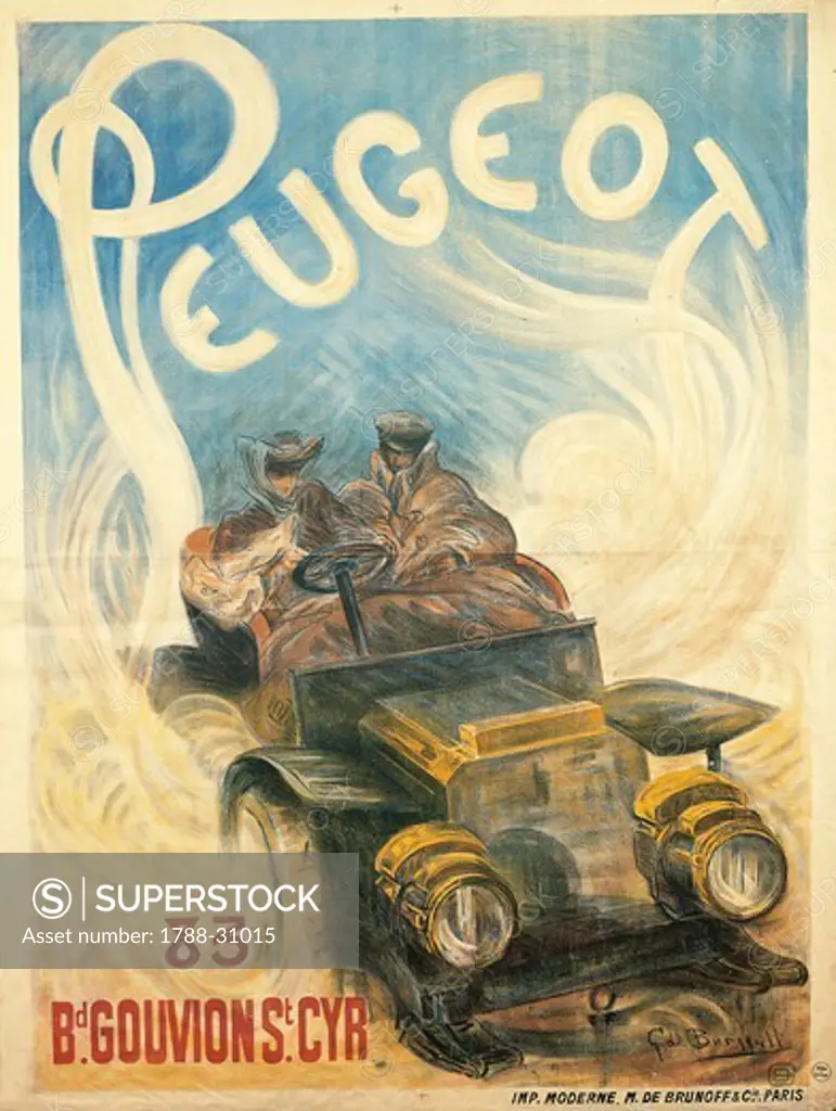 Posters, France, 19th century. Advertisment for Peugeot cars, illustration by G. de Burgill, 1896.