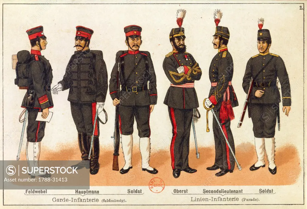 Japan, 19th century, Sino-Japanese War - Uniforms of the Japanese army. Engraving, Leipzig, 1895.