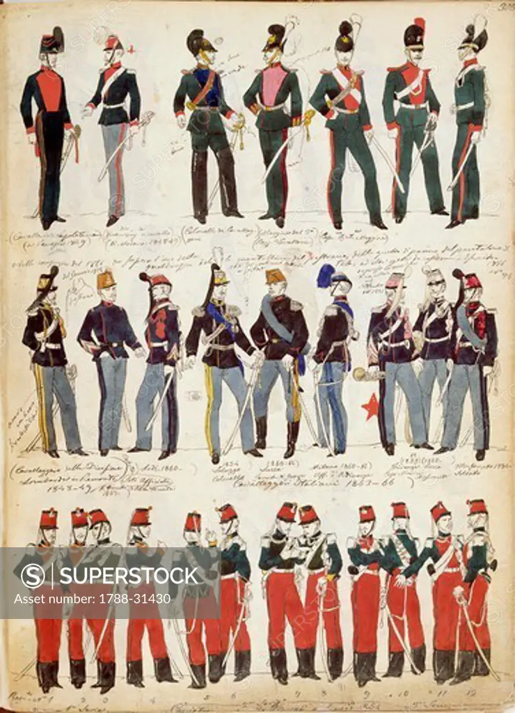 Militaria, Italy, 19th century. Various Italian uniforms in common use around 1860. Color plate by Quinto Cenni.