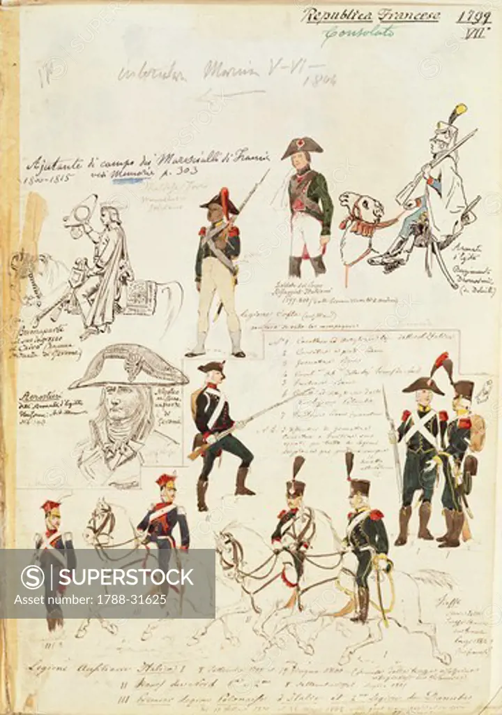 Militaria, France, 18th-19th century. Military uniforms of the French Republic, 1799-1815. Color plate by Quinto Cenni.