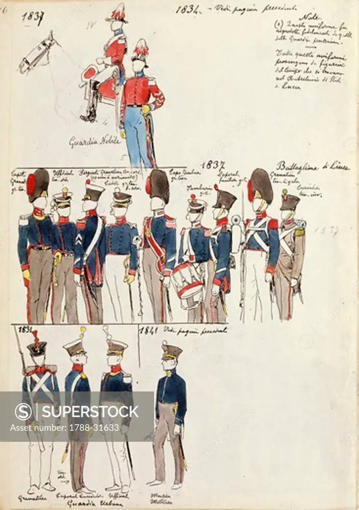 Militaria, Italy, 19th century. Various uniforms, circa 1834-1841. Color plate by Quinto Cenni.