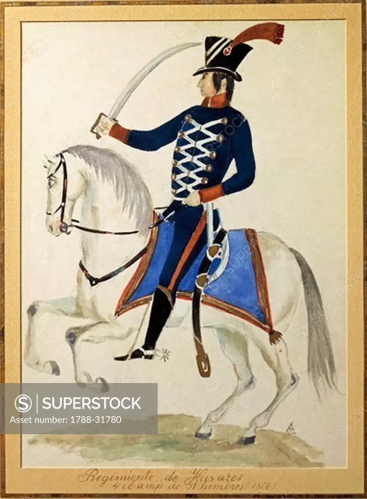 Militaria, Argentina, 19th century. Hussar on horseback, 1806. Watercolor.