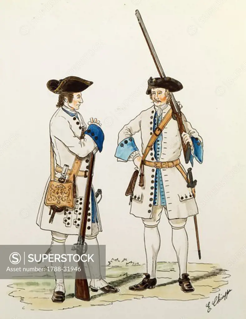 Militaria, France, 18th century. Army of Louis XIV known as the Sun King: riflemen of Royal Contiorus and Flandres Infantry Regiment, 1706. Color engraving by E. Chioppa.