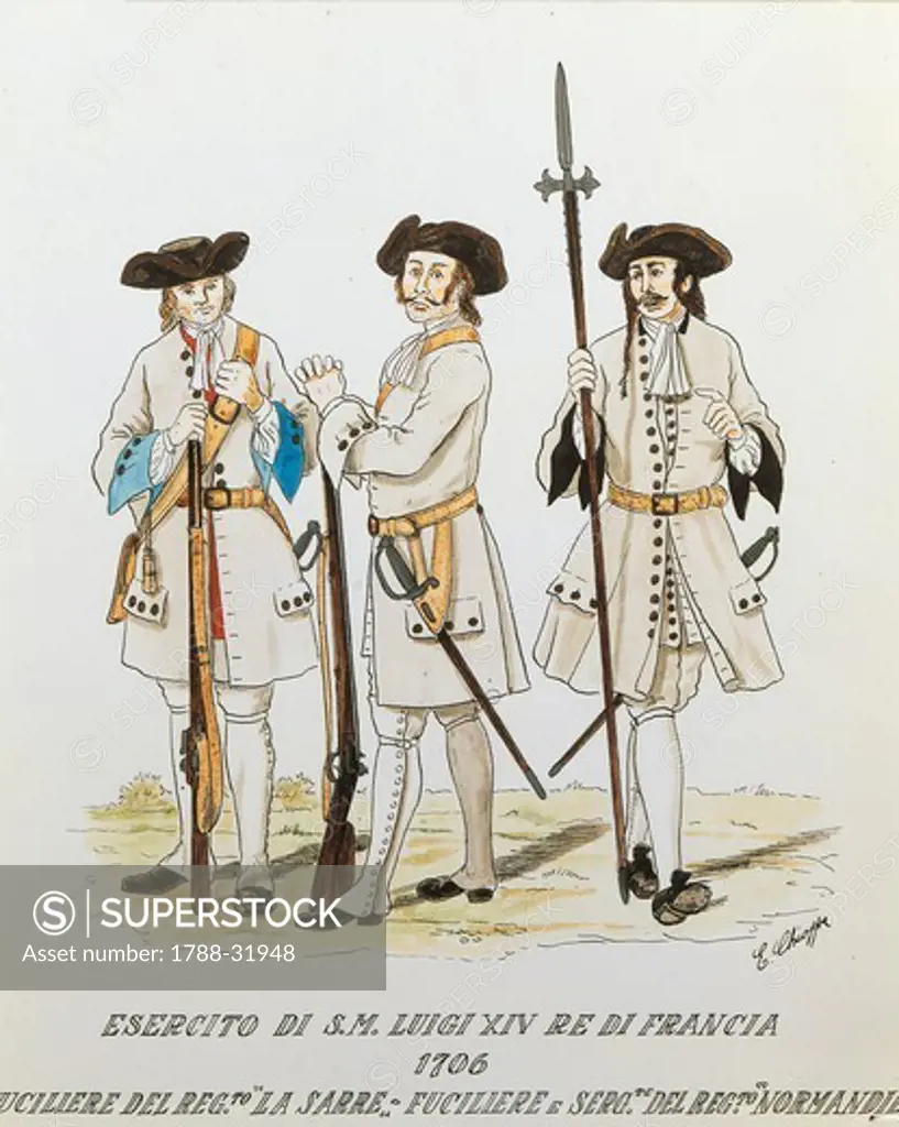 Militaria, France, 18th century. Army of Louis XIV, known as the Sun King: rifleman of the Regiment La Sarre and sergeant of the Regiment Normandie, 1706. Color engraving by E. Chioppa.