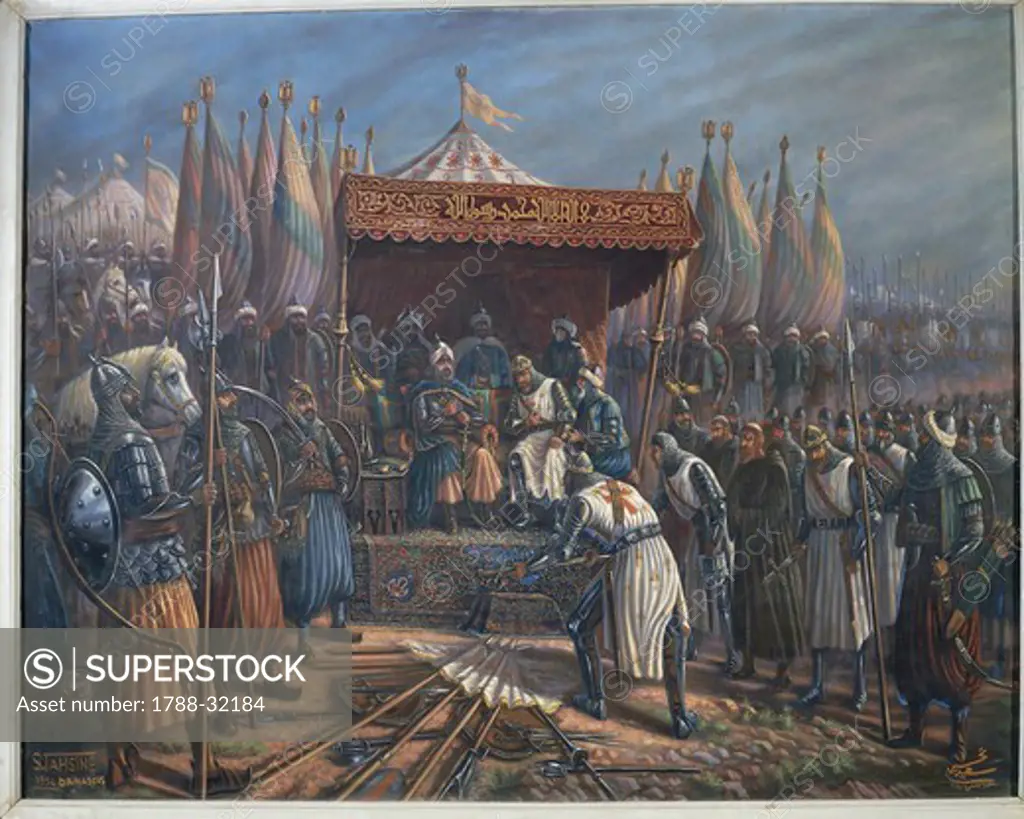 Saladin and Guy de Lusignan after battle of Hattin in 1187. Painting by Said Tahsine (1904-1985), 1954.