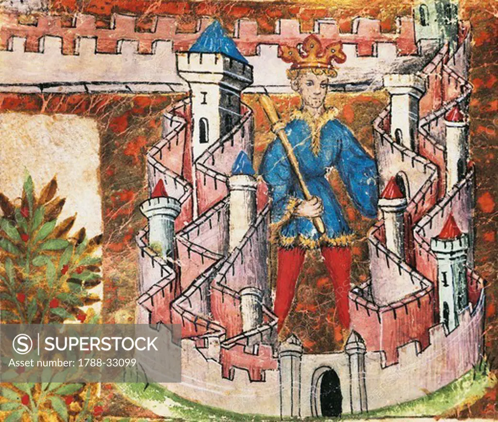 Beginning of Peter III the Great's reign, son of James I the Conqueror, King of Aragon and Sicily. Miniature from Chronicles of Spain, 1344, manuscript, Spain 14th Century.