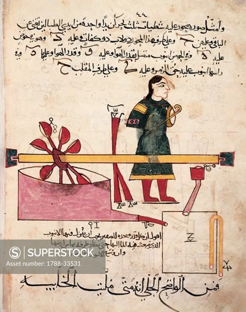 Miniature from the Book of Knowledge of Ingenious Mechanical Devices by Al-Jazari, Turkey, 1203.