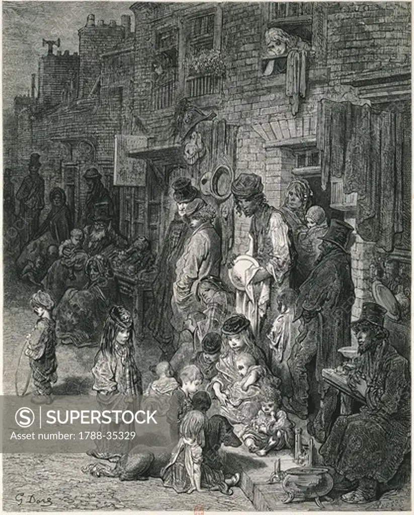 Gustav Dore' (1832-1883). The slums of London. Engraving.