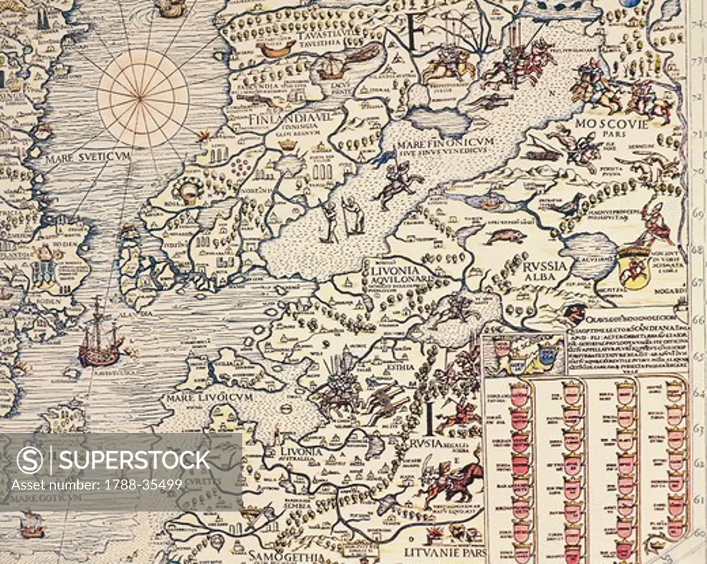 Cartography, 16th century. Finland and Russian territories. From Carta Marina (Sea Map) by Olaus Magnus, Venice, 1539. Detail.