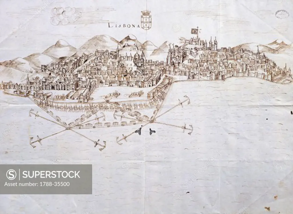 View of Lisbon, 1596,  Portugal 16th century. Drawing.