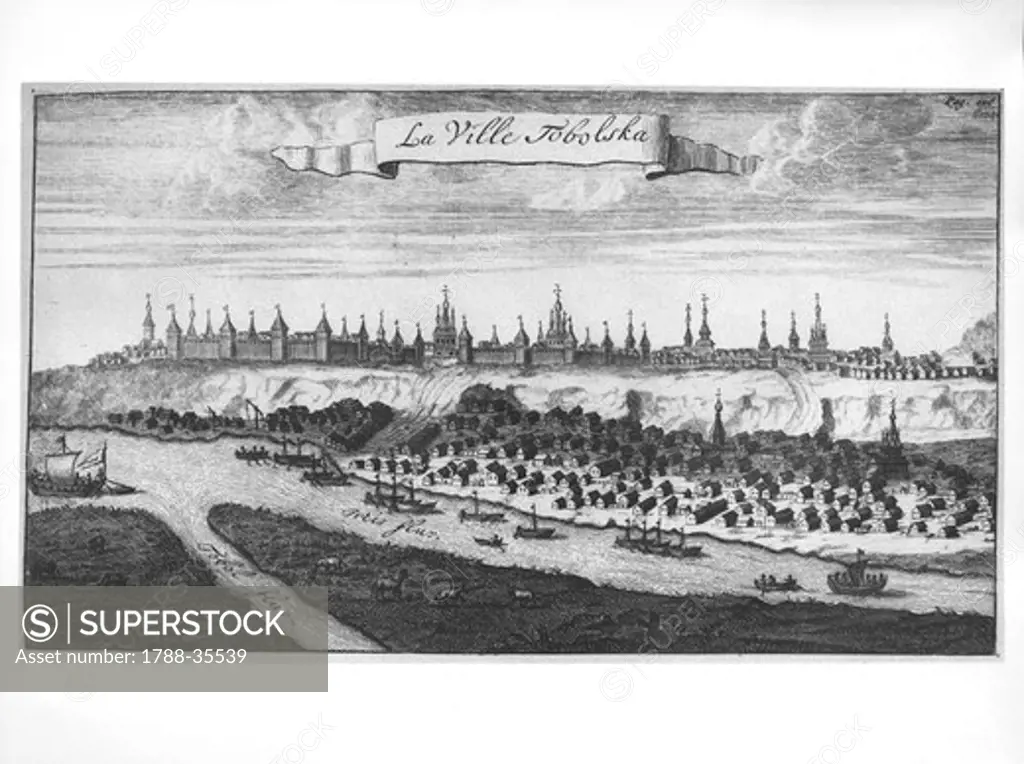 Russia, 19th century. The city of Tobolsk, historical capital of Western Siberia, where the rivers Irtysh and Tobol meet. Engraving.