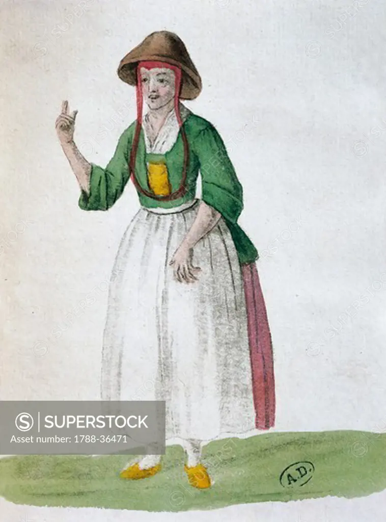 Quaker woman, 1767, United States of America 18th century. Engraving.