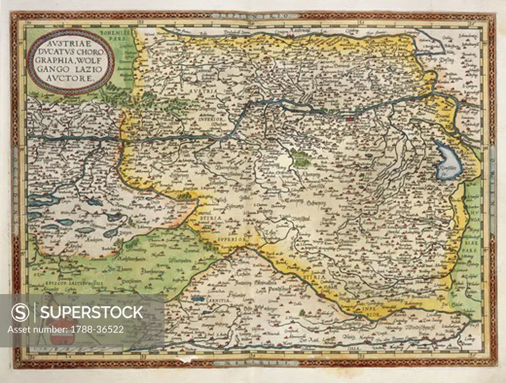 Cartography, 16th century. Map of Austria, from Theatrum Orbis Terrarum by Abraham Ortelius (1528-1598), Antwerp, 1570.