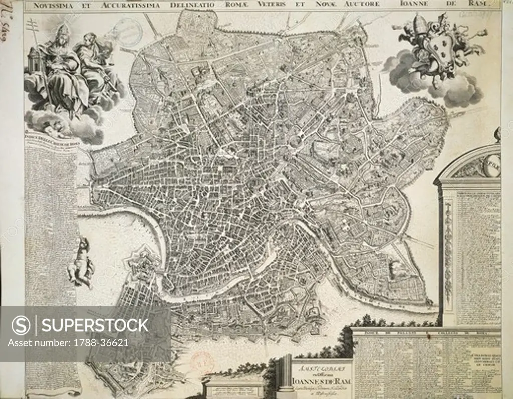 Cartography. Italy, 17th century. New and accurate map of Ancient and Modern Rome by Jean van Ram, Amsterdam 1691-1693 ca. Copperplate 50 x 59 cm.