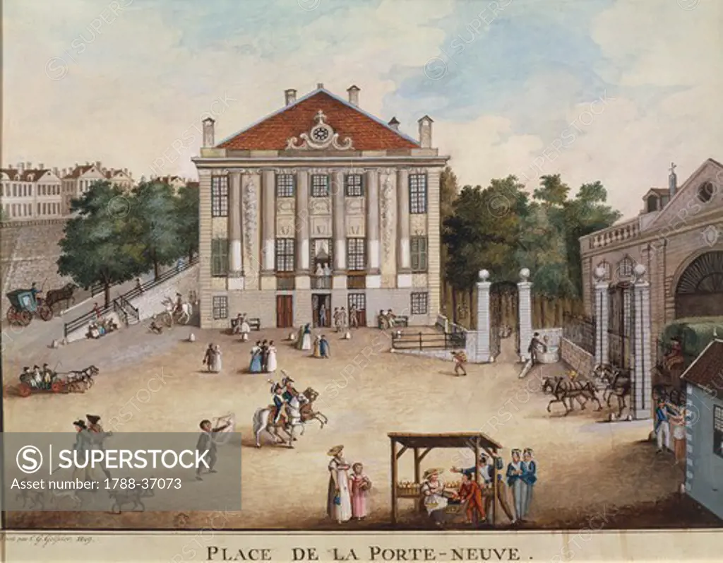 Switzerland, 18th century, Geneva. Place Neuve (New Square) with the Neuve Theatre (New Theatre). Watercolour by C.G. Geissler, 1810.