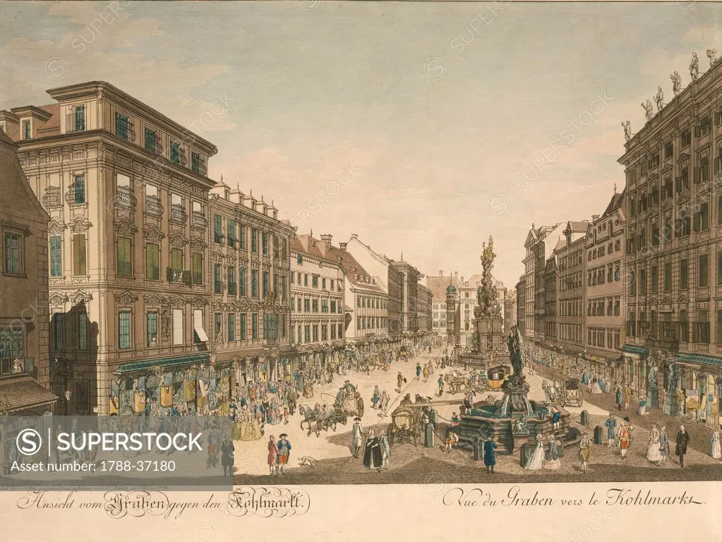 Austria, 18th century. Vienna. The Graben towards the Kolmarkt. With The Plague Column in the background.