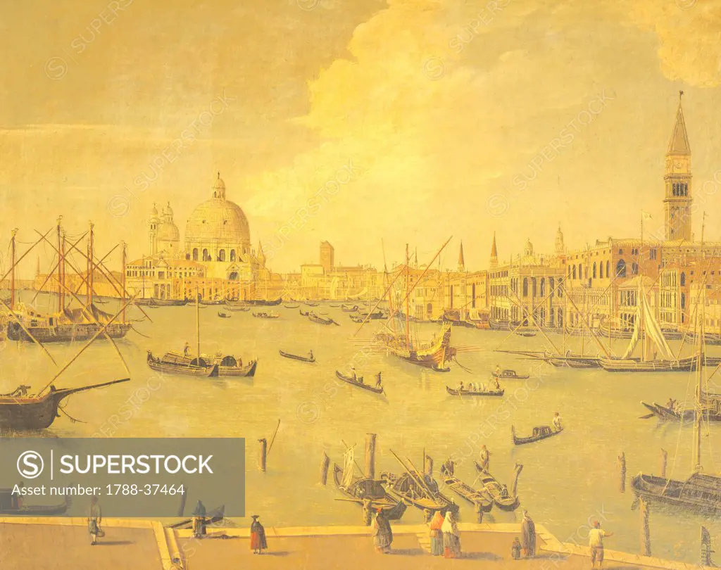 View of St Mark's Basin from San Giorgio island, painter from the Francesco Guardi school, Italy 18th century.