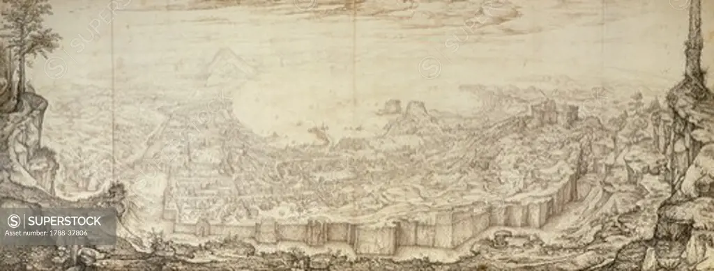 View of Naples, 1582, by Jan van Stinemolen, drawing, Italy 16th century, 46x121.7 cm.