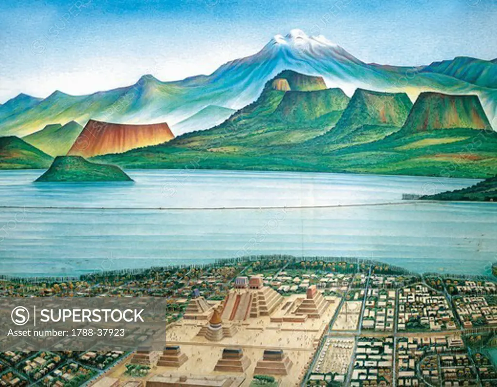 Panoramic view of Tenochtitlan, the ancient capital of the Aztec empire, and the Valley of Mexico, Mexico.