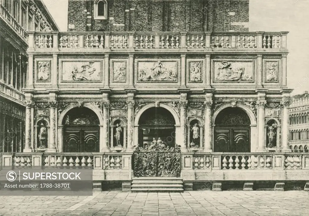 The loggia of the bell tower in Venice, 1886, by Jacopo Sansovino, Italy 19th Century.