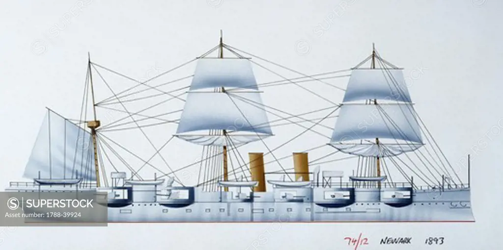 Naval ships - United States Navy armored cruiser USS Newark, 1890. Color illustration