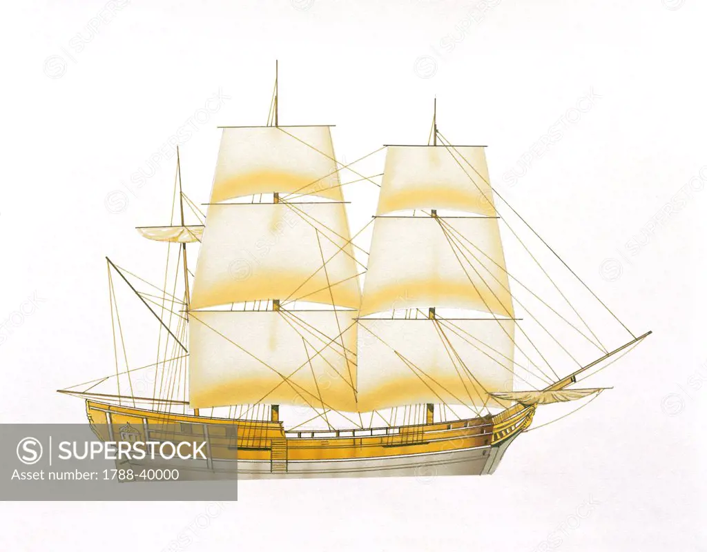 Marine transportation - British HMAV Bounty, 1787. Color illustration