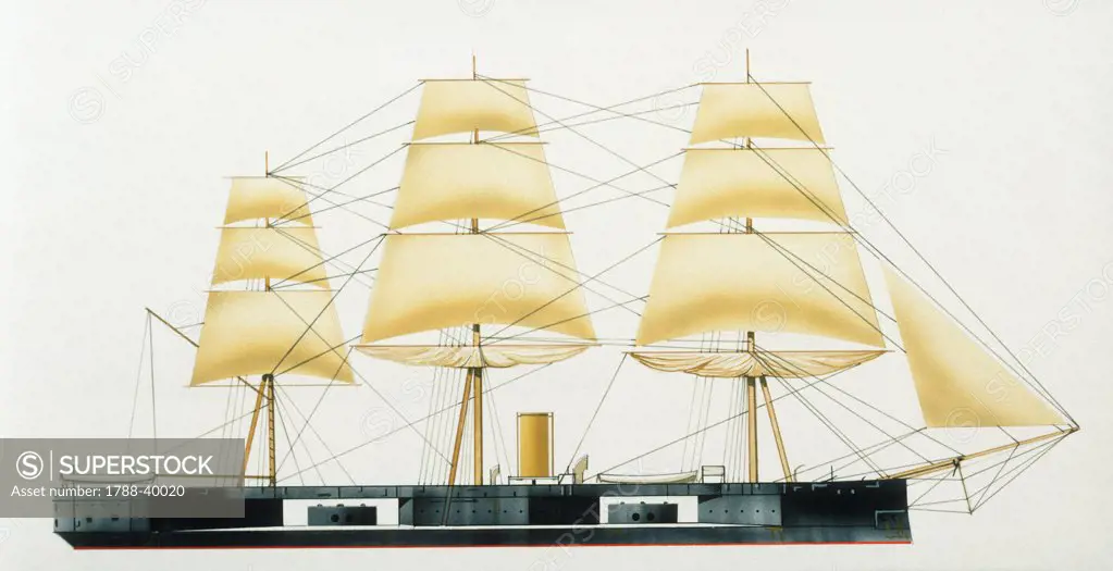 Naval ships - British Royal Navy masted turret ship HMS Captain, 1869. Color illustration