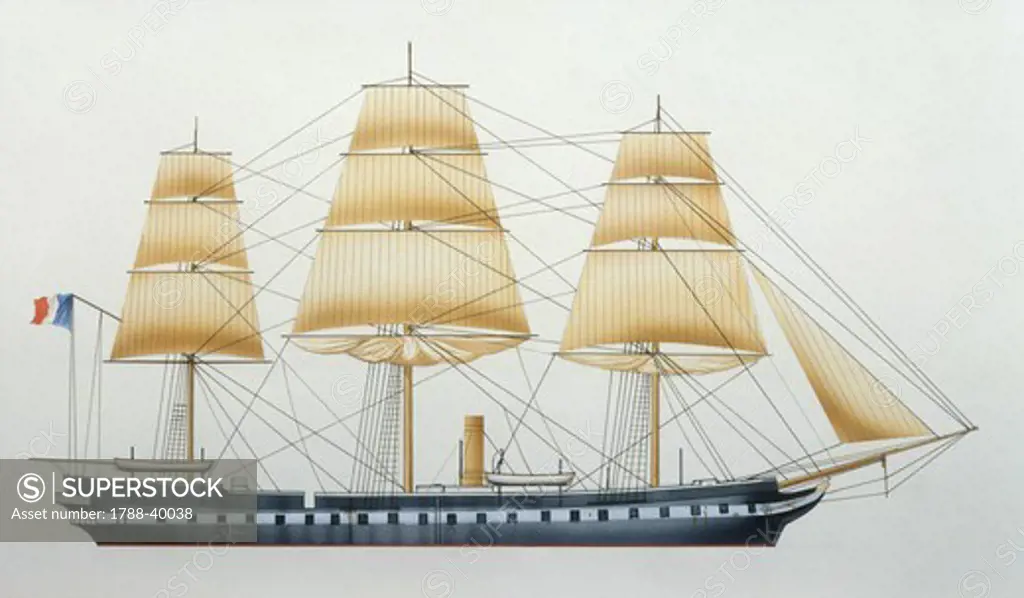 Naval ships - France's Marine Nationale frigate CircŽ, 1860. Color illustration