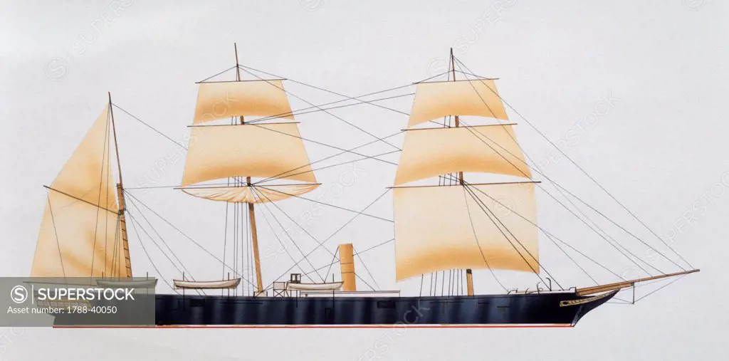 Naval ships - British Royal Navy gunvessel HMS Cormorant, 1860. Color illustration