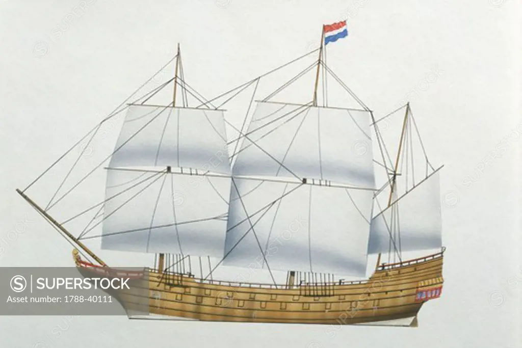 Naval ships - Dutch United Provinces warship Eendracht, 1600. Color illustration