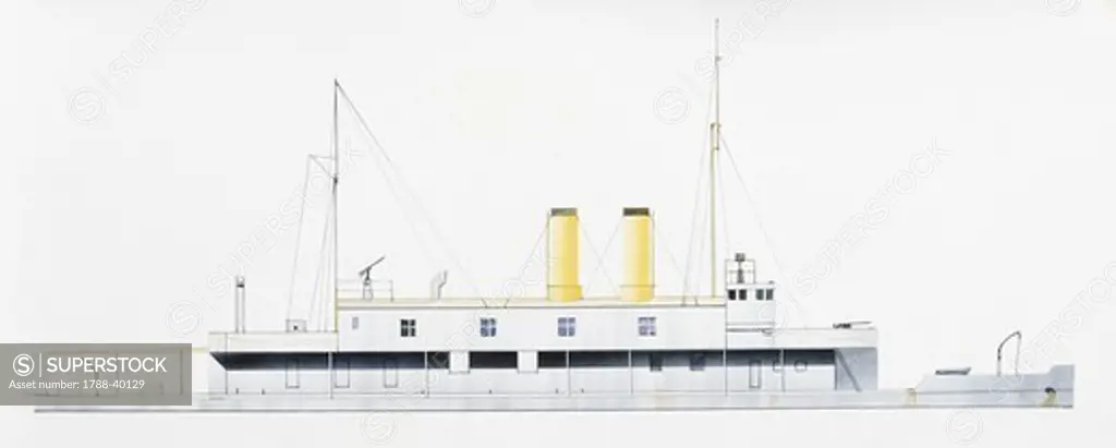Naval ships - Italy's Regia Marina river gunboat RN Ermanno Carlotto, 1918. Color illustration