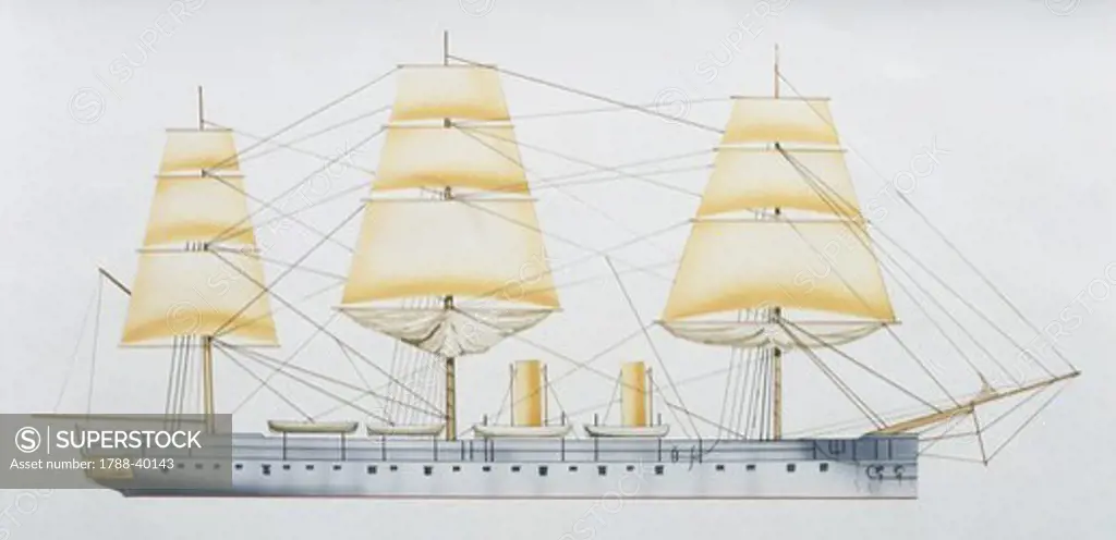 Naval ships - British Royal Navy iron screw steam corvette HMS Euryalus, 1877. Color illustration