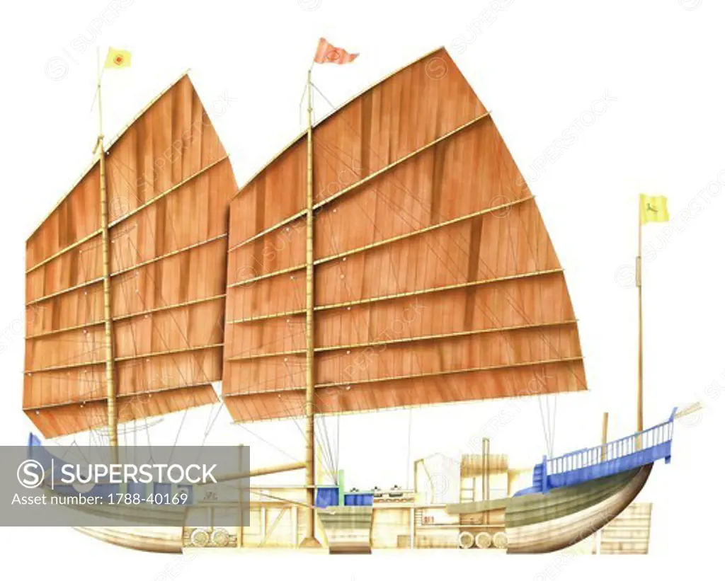 Naval ships - Chinese war junk. Illustrated cutaway view