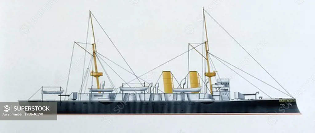 Naval ships - British Royal Navy armored cruiser HMS Galatea, 1887. Color illustration