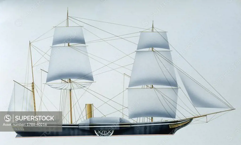 Naval ships - British Royal Navy frigate HMS Gladiator, 1844. Color illustration