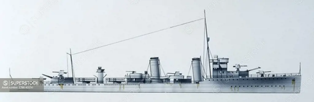 Naval ships - Spanish Navy destroyer Gravina, 1931. Color illustration