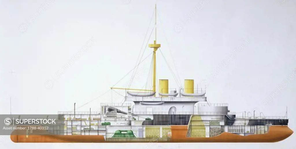 Naval ships - British Royal Navy oceangoing ironclad. Illustrated cutaway view