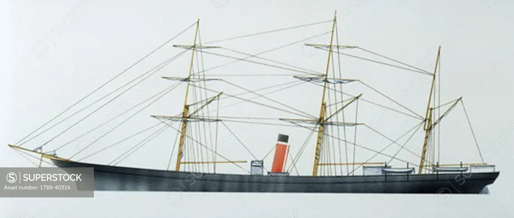 Marine transportation - British mail and passenger steamer SS Hibernian, built by William Denny & Bros, Dumbarton, Scotland on behalf of Montreal Ocean Steamship Company which later became the Allan Line, launched 1861. Color illustration