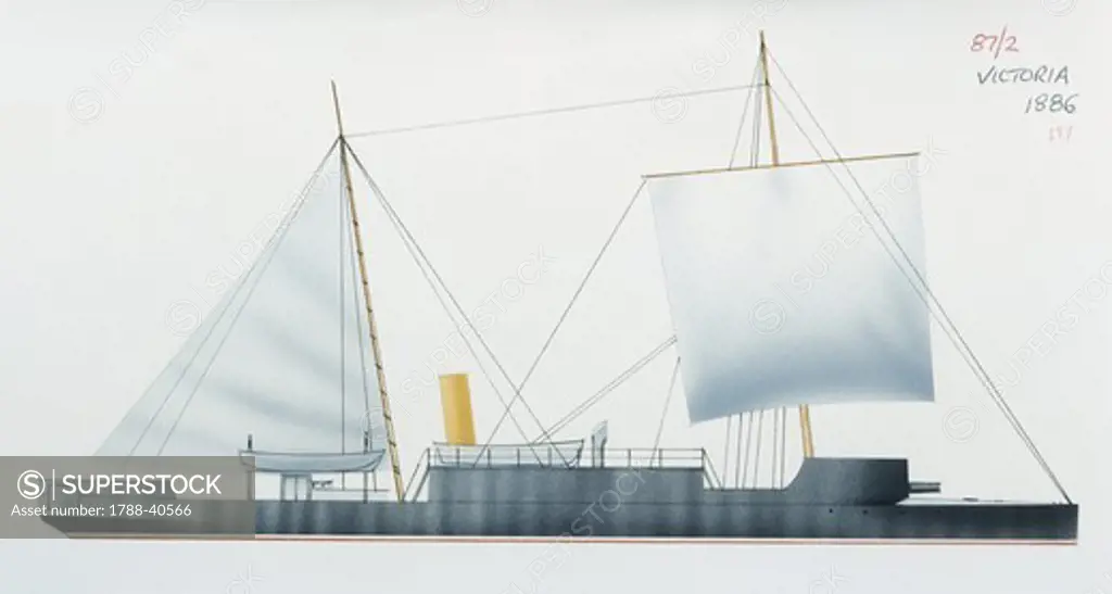 Naval ships - British Royal Navy gunboat HMS Victoria, 1884. Color illustration