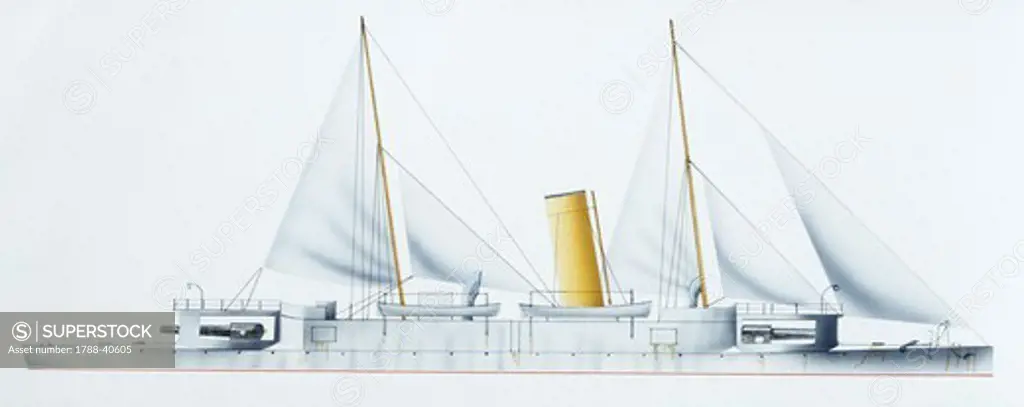 Naval ships - Chinese protected cruiser Yang Wei, 1881. Color illustration