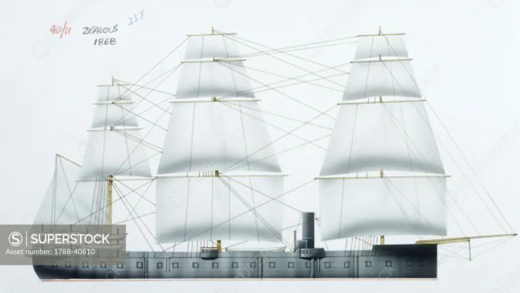 Naval ships - British Royal Navy ironclad HMS Zealous, 1864. Color illustration