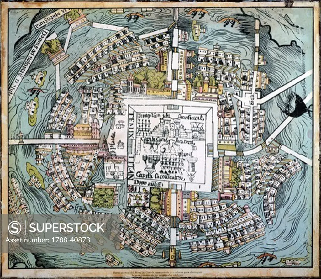 Map of Mexico City attributed to Cortes. Mexico, 16th Century.