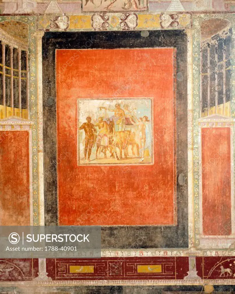 Fresco decoration of the Hall of Tablino, the House of Marcus Lucretius Fronto, Pompeii (UNESCO World Heritage List, 1997), Campania. Roman Civilization, 1st Century.