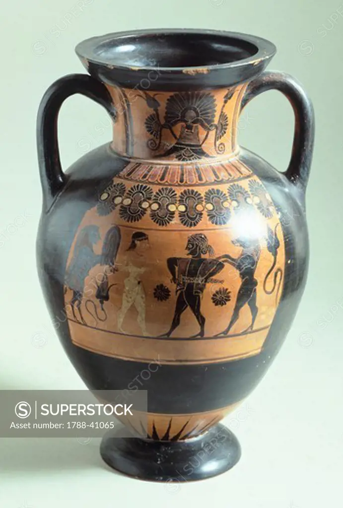 Panathenaic amphora, 530-520 BC, attributed to the Mastos painter, black-figure pottery from Vulci, Italy. Ancient Greek civilization, Magna Graecia, 6th Century BC.