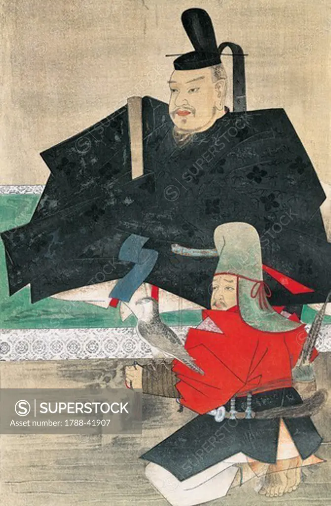 Portrait of Ariwara no Yukihira and his falconer, attributed to Fujiwara no Tametsugu, Japan. Japanese Civilisation, 13th century.