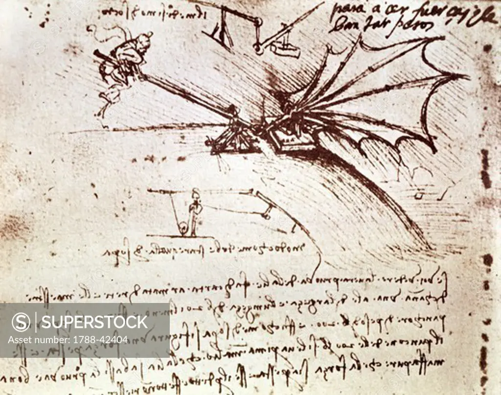 Project for flapping-wing machine, by Leonardo da Vinci (1452-1519).