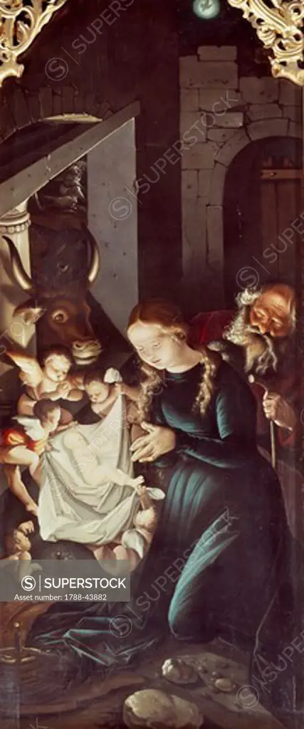 Nativity of Jesus, panel of the Stories of the Virgin, 1512-1517, by Hans Baldung (1484 or 1485-1545). Altarpiece of the Freiburg cathedral.