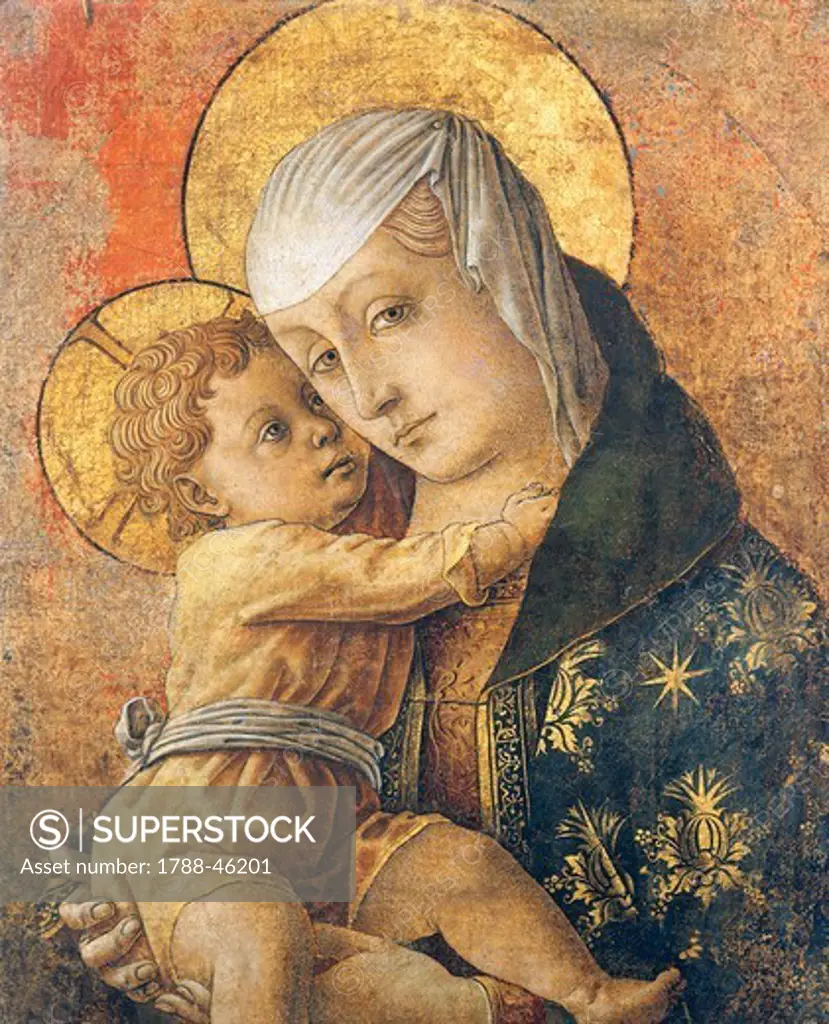 Madonna and Child, 1472, by Carlo Crivelli (ca 1430- ca 1495). Tempera on wood transferred onto canvas, 61.9x42 cm. Detail.