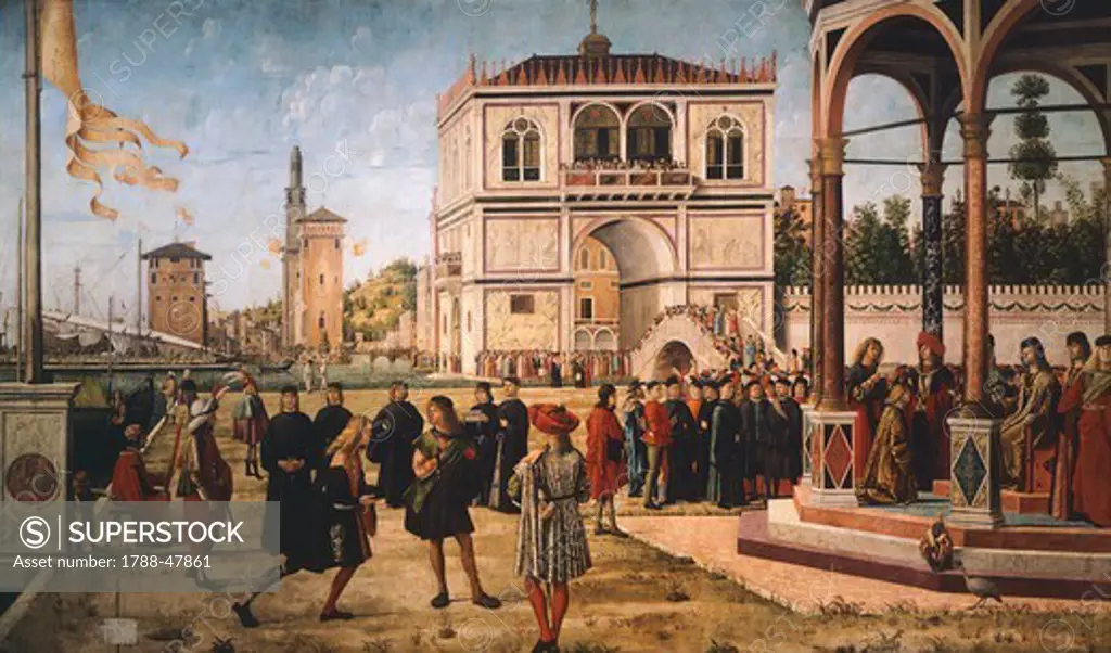 Stories of St Ursula, the Ambassadors Return to the English Court, 1495, by Vittore Carpaccio (ca 1465- ca 1526), oil on canvas, 297x527 cm. Detail.